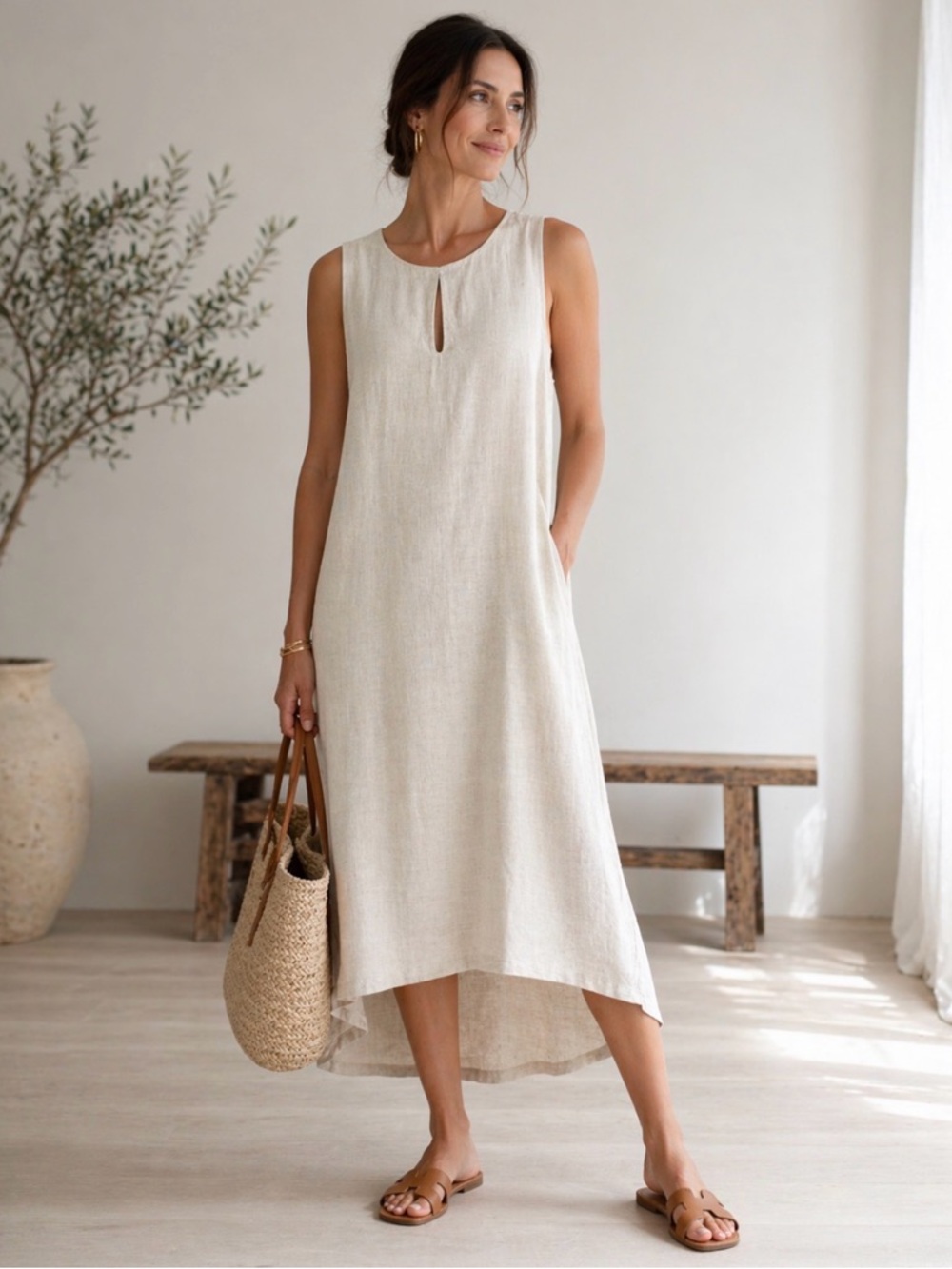SOLD Linen/Cotton Sleeveless High-Low Dress in Cream